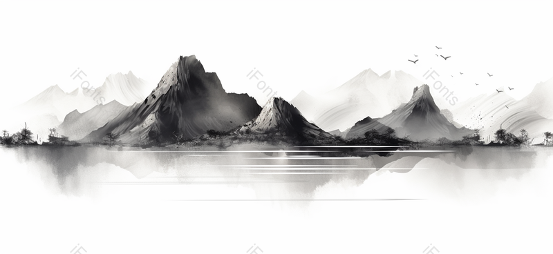 中国风水墨山水画飞鸟山峰水面倒影意境深远,插画/手绘图,插画/手绘图库,插画/手绘图下载,插画/手绘